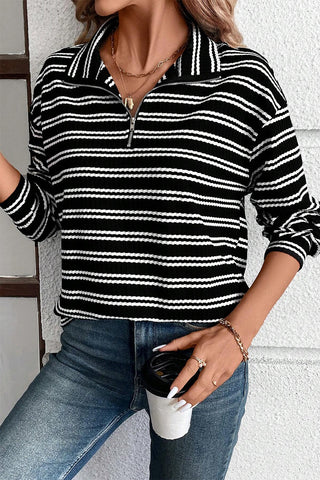 CLEARANCE BLACK Stripe Textured Quarter Zip Collar Long Sleeve Top