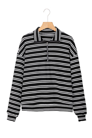 CLEARANCE BLACK Stripe Textured Quarter Zip Collar Long Sleeve Top