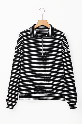 CLEARANCE BLACK Stripe Textured Quarter Zip Collar Long Sleeve Top