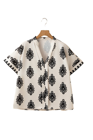Black Geometric Print Short Sleeve V Neck Blouse