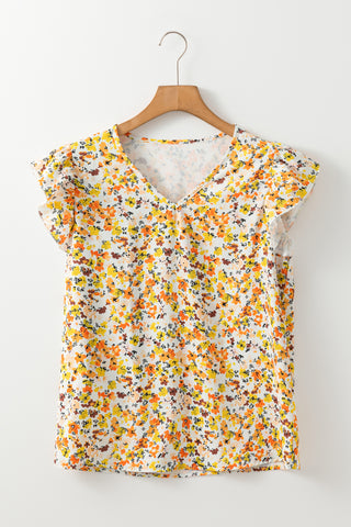 CLEARANCE Green Floral Print Ruffle V Neck Short Sleeve Blouse