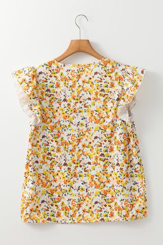 CLEARANCE Green Floral Print Ruffle V Neck Short Sleeve Blouse
