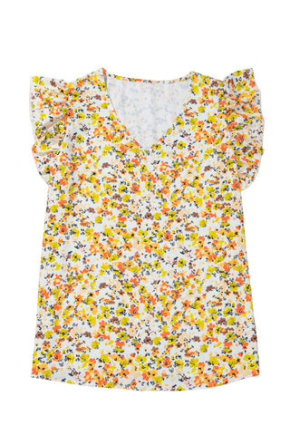 CLEARANCE Green Floral Print Ruffle V Neck Short Sleeve Blouse