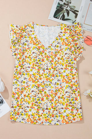 CLEARANCE Green Floral Print Ruffle V Neck Short Sleeve Blouse