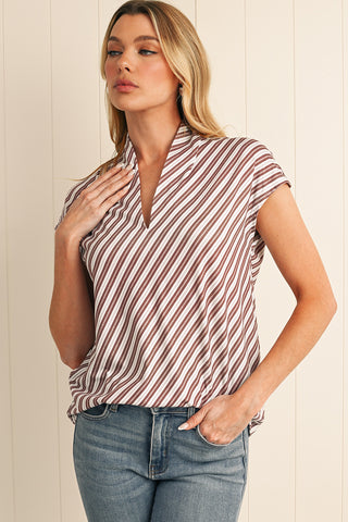 Chestnut Stripe V-Neck Cap Sleeve Blouse
