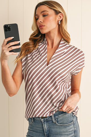 Chestnut Stripe V-Neck Cap Sleeve Blouse