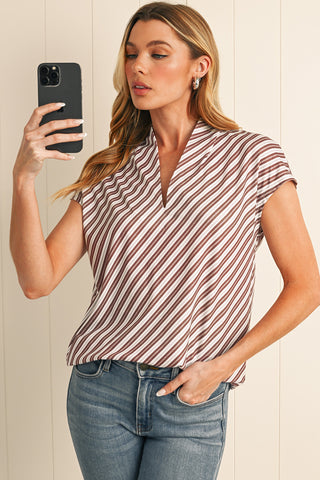 Chestnut Stripe V-Neck Cap Sleeve Blouse