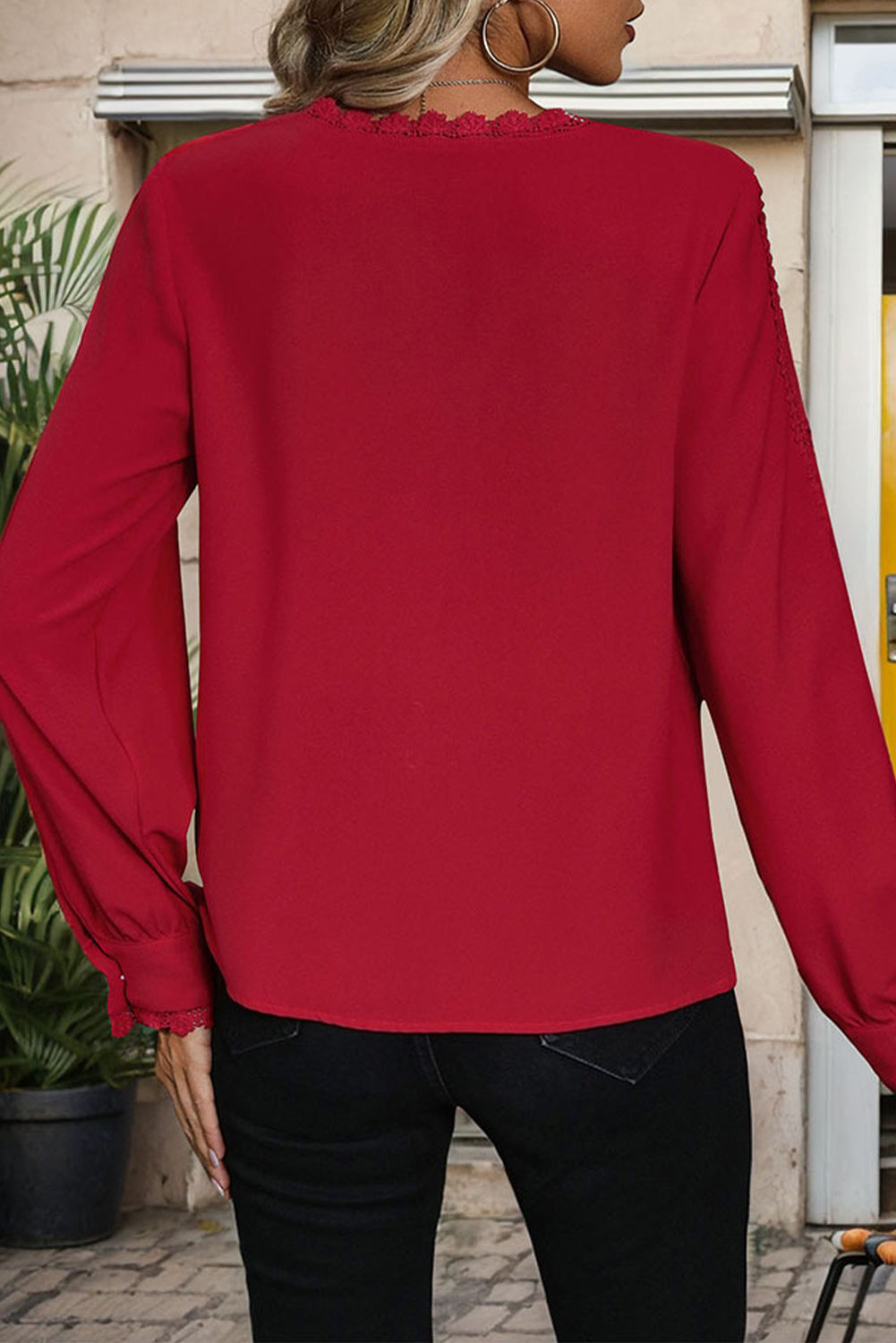 Racing Red Elegant Long Sleeve Lace V Neck Shirt