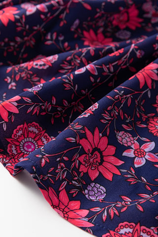 Purple Floral Puff Half Sleeve Split Neck Blouse