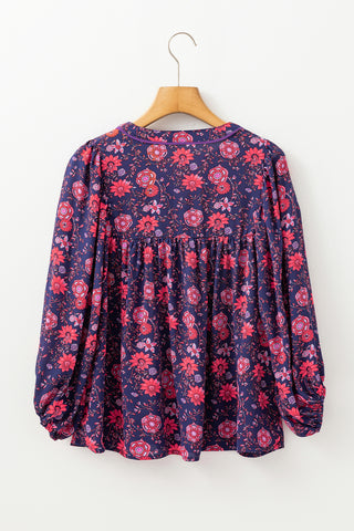 Purple Floral Puff Half Sleeve Split Neck Blouse