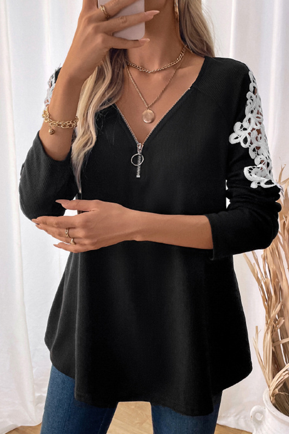 Black Lace Applique Zipper V Neck Long Sleeve Top