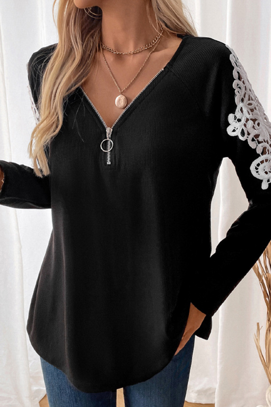 Black Lace Applique Zipper V Neck Long Sleeve Top