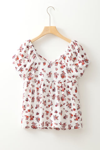 CLEARANCE White Boho Floral Ruched Short Sleeve Blouse