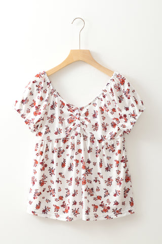 CLEARANCE White Boho Floral Ruched Short Sleeve Blouse