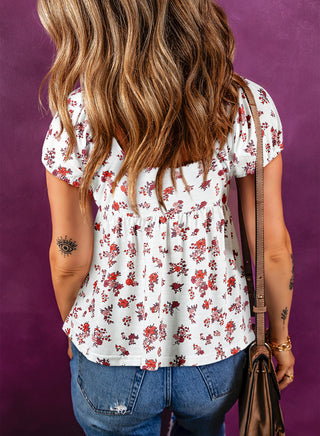 CLEARANCE White Boho Floral Ruched Short Sleeve Blouse