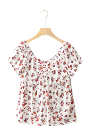 CLEARANCE White Boho Floral Ruched Short Sleeve Blouse