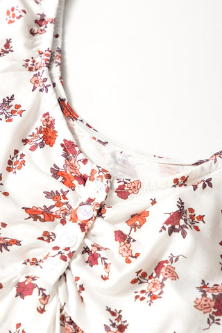 CLEARANCE White Boho Floral Ruched Short Sleeve Blouse