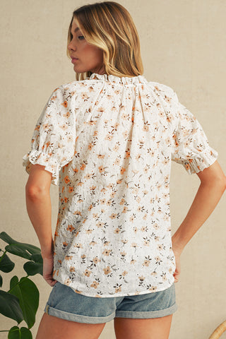 Khaki Eyelet Notch V Neck Puff Sleeve Floral Blouse