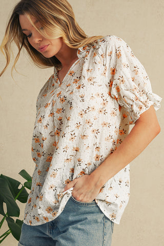 Khaki Eyelet Notch V Neck Puff Sleeve Floral Blouse