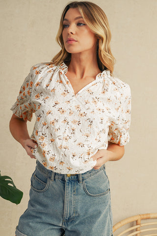 Khaki Eyelet Notch V Neck Puff Sleeve Floral Blouse