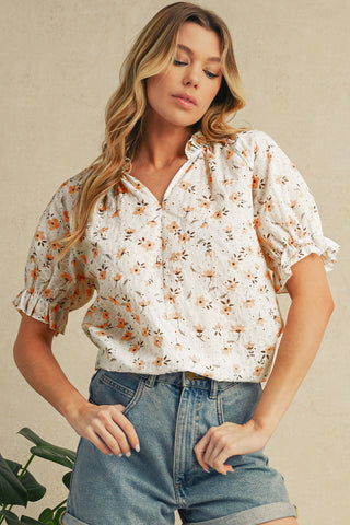 Khaki Eyelet Notch V Neck Puff Sleeve Floral Blouse