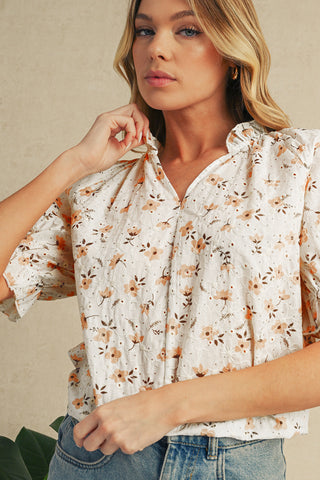 Khaki Eyelet Notch V Neck Puff Sleeve Floral Blouse
