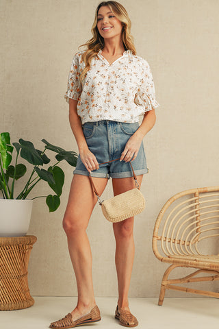 Khaki Eyelet Notch V Neck Puff Sleeve Floral Blouse