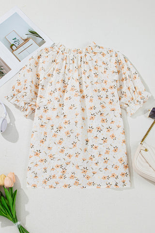 Khaki Eyelet Notch V Neck Puff Sleeve Floral Blouse