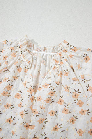 Khaki Eyelet Notch V Neck Puff Sleeve Floral Blouse