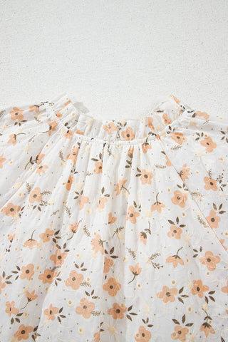 Khaki Eyelet Notch V Neck Puff Sleeve Floral Blouse