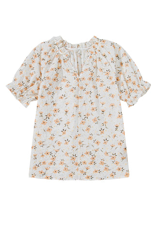 Khaki Eyelet Notch V Neck Puff Sleeve Floral Blouse