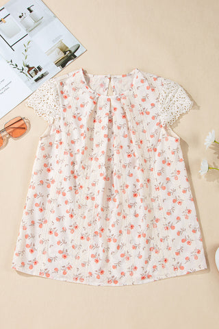 Pink Floral Print Lace Embroidery Crochet Cap Sleeve Blouse