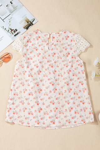 Pink Floral Print Lace Embroidery Crochet Cap Sleeve Blouse