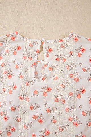 Pink Floral Print Lace Embroidery Crochet Cap Sleeve Blouse