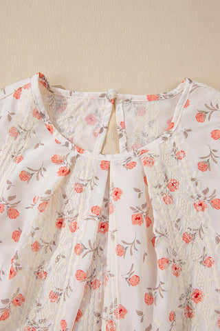 Pink Floral Print Lace Embroidery Crochet Cap Sleeve Blouse