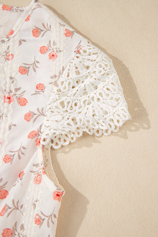 Pink Floral Print Lace Embroidery Crochet Cap Sleeve Blouse
