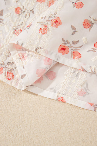 Pink Floral Print Lace Embroidery Crochet Cap Sleeve Blouse