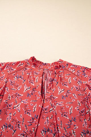 Red Floral Tie Split Neck Flounce Sleeve Blouse