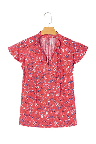 Red Floral Tie Split Neck Flounce Sleeve Blouse