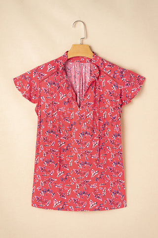 Red Floral Tie Split Neck Flounce Sleeve Blouse