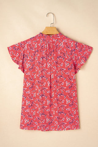 Red Floral Tie Split Neck Flounce Sleeve Blouse