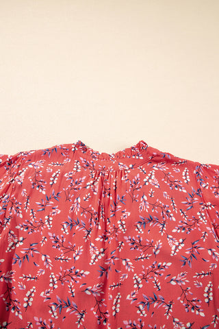 Red Floral Tie Split Neck Flounce Sleeve Blouse