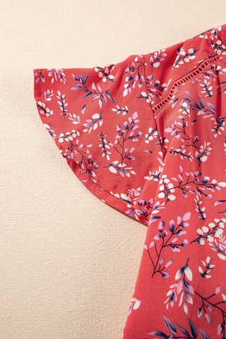Red Floral Tie Split Neck Flounce Sleeve Blouse