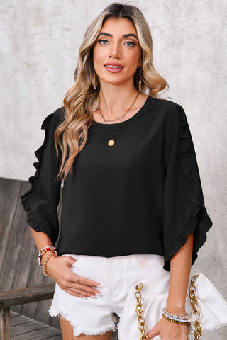 Black Frill Trim Plain Tulip Sleeve Blouse