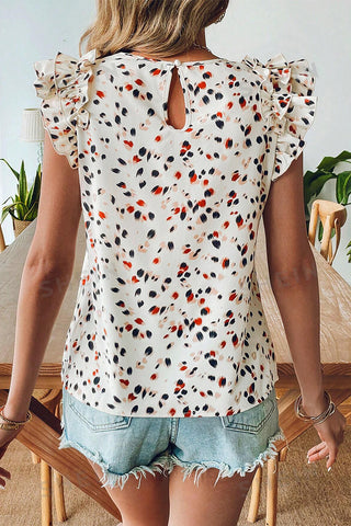 Beige Abstract Print Ruffle Flutter Blouse
