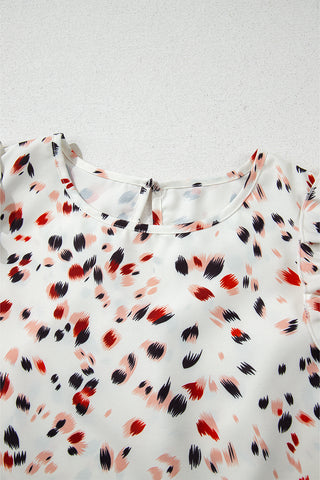 Beige Abstract Print Ruffle Flutter Blouse
