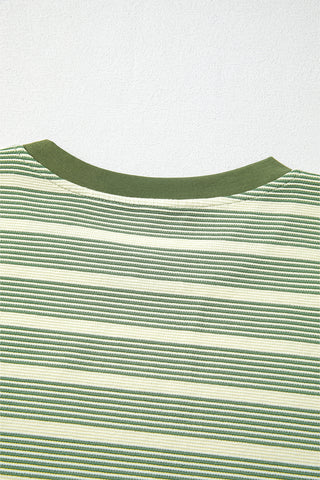 Green Striped Casual Contrast Trim Tee