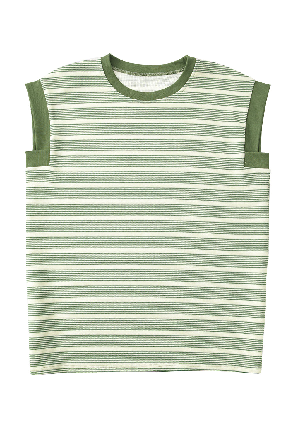 Green Striped Casual Contrast Trim Tee