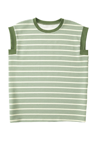 Green Striped Casual Contrast Trim Tee
