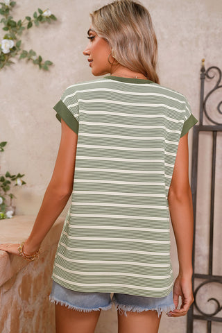 Green Striped Casual Contrast Trim Tee